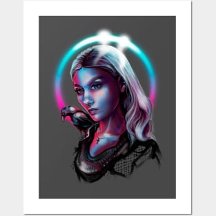 Neon Girl with a Raven Posters and Art